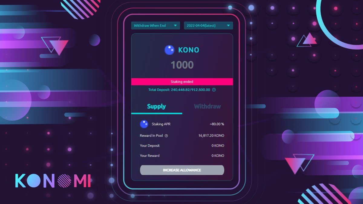 ⏰ Here's a reminder to withdraw your staked $KONO token! 🪙

Claim your rewards as the batch ended on 4th April 2022 🗓️

⬇️ Enjoy your tokens, you earned every bit of it 💰
dev.konomi.tech/staking