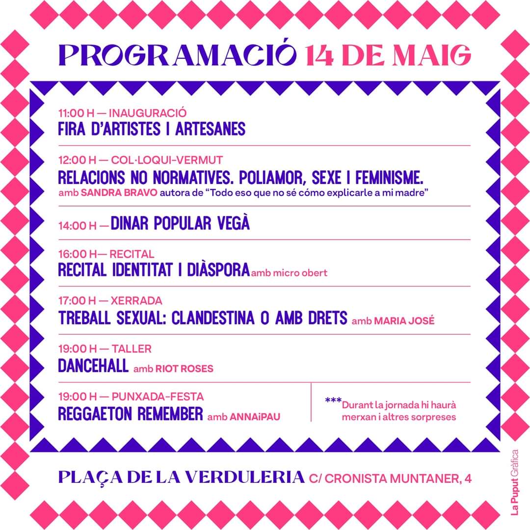 💜💕
El 14 de maig Dones en Lluita celebra “10 anys de converses incòmodes” amb una fira d'artistes i artesanes, xerrades, tallers, recital, dinar i festa!

Us esperem a la plaça de la Verduleria!💕💜

📍Cronista Muntaner, 4

💕Cartell per La Puput Gràfica 💕