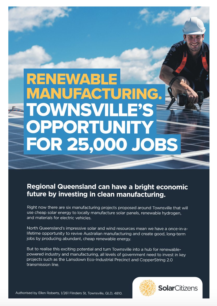 solarcitizens's tweet image. Catch our full page ad in the @tsv_bulletin today? 🗞️

Our new report found turning Townsville into a renewable hydrogen &amp;amp; industry powerhouse would power 25,000 jobs 👷‍♀️🌞 But the North still needs vital infrastructure to unlock these opportunities. 
@P_Thompson88 
@MickdeBrenni