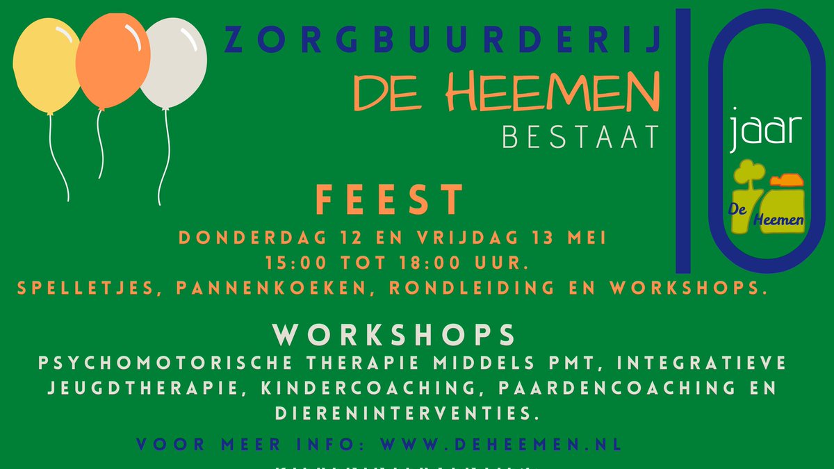 DeHeemen's tweet photo. 10 jaar Zorgbuurderij!!! Morgen start het feest. WELKOM!!! Er zijn nog plekken voor de workshops dus geef je nog op!! https://t.co/ZLkJ2FT8KK