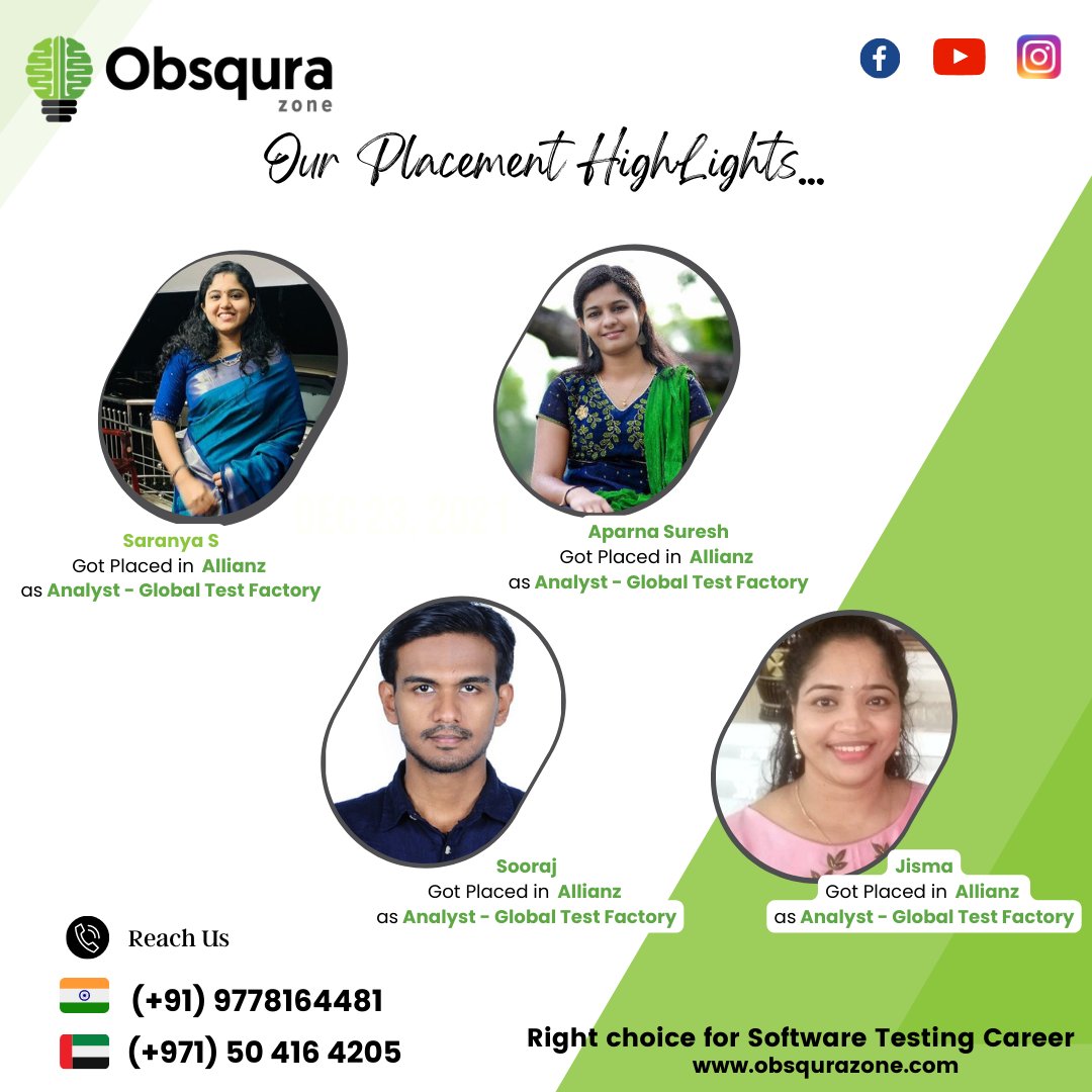 ObsquraZ's tweet image. Some of our Placement Highlights in April...

Fore More Details please contact: (+91) 9778164481- India, (+971) 50 416 4205 - UAE
#softwaretestingtraininginKerala #automationtester #automationtesting #softwaretestingtraining #seleniumtraining #manualtesting
