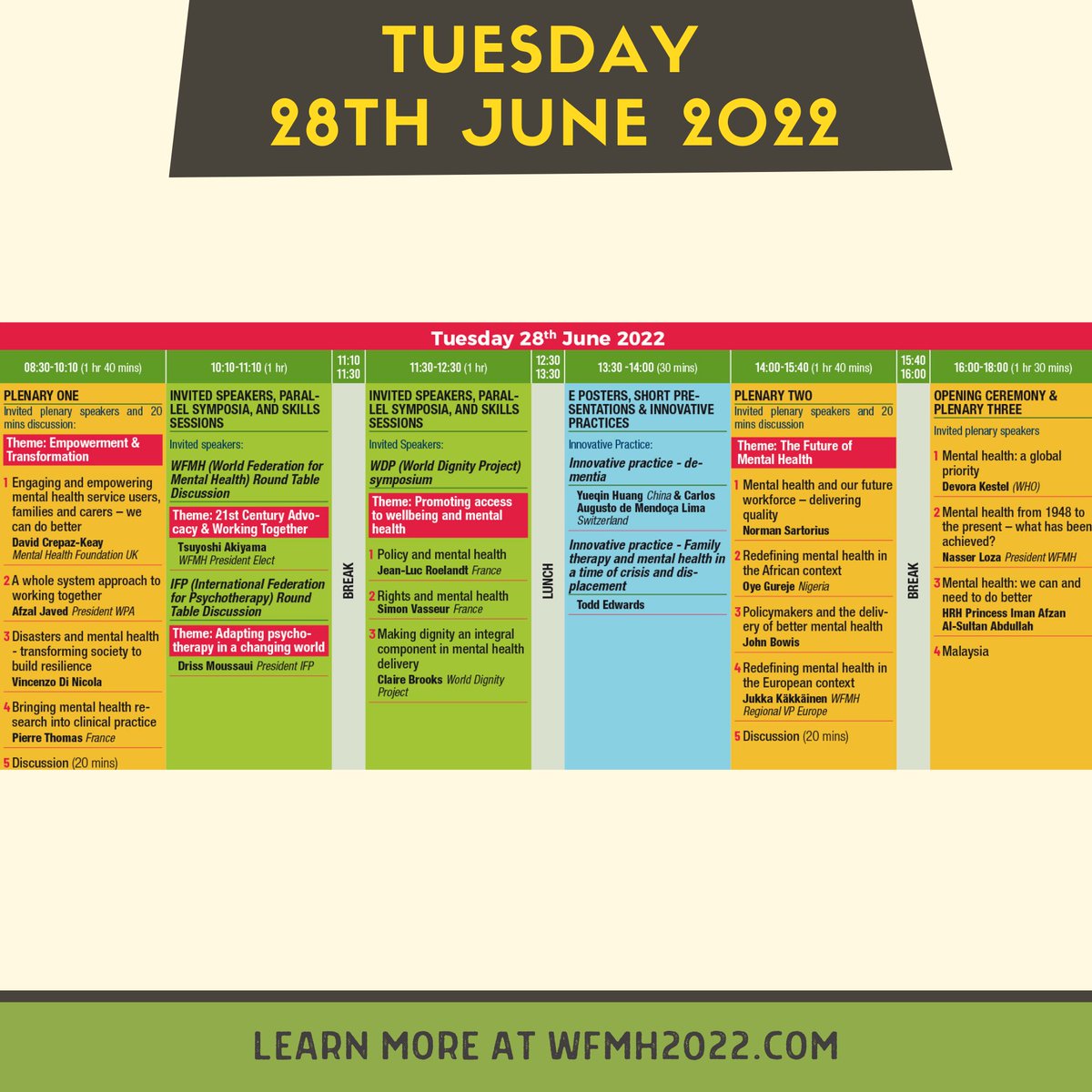 WFMH_Official's tweet photo. We present to you the daily planner for the conference.
Visit https://t.co/SJq7A3fua9 or the link in our bio to learn more!
#WFMH2022 #WFMHWorldCongress2022 #WorldCongress #WorldFederationforMentalHealth #WFMH #WhatIsDignity https://t.co/bmlqjaGki3