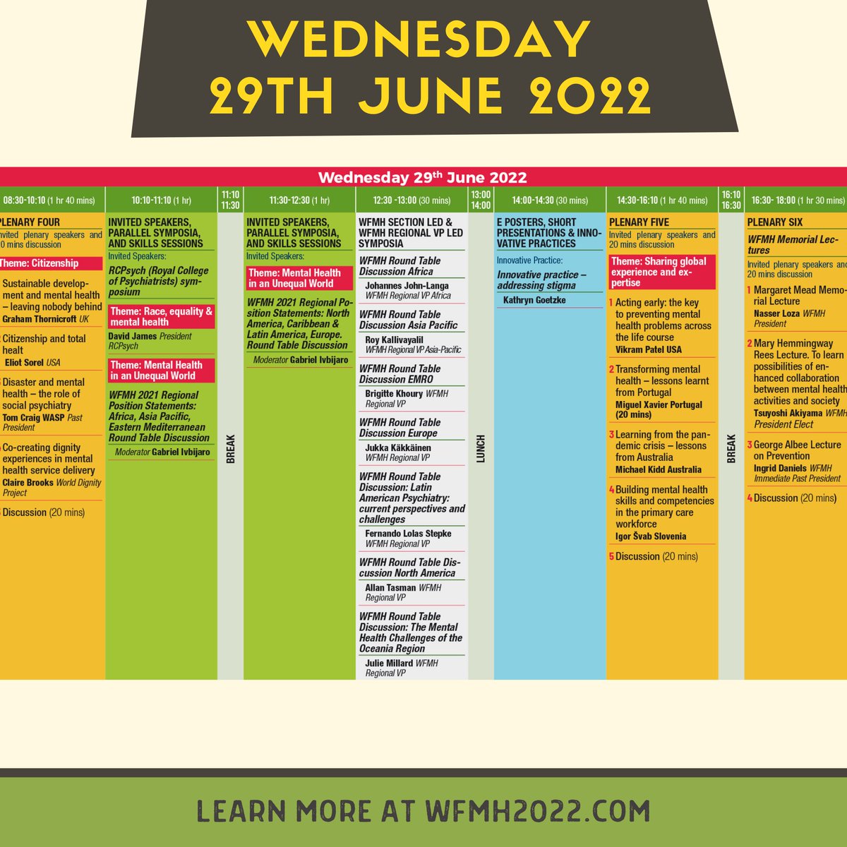 WFMH_Official's tweet photo. We present to you the daily planner for the conference.
Visit https://t.co/SJq7A3fua9 or the link in our bio to learn more!
#WFMH2022 #WFMHWorldCongress2022 #WorldCongress #WorldFederationforMentalHealth #WFMH #WhatIsDignity https://t.co/bmlqjaGki3