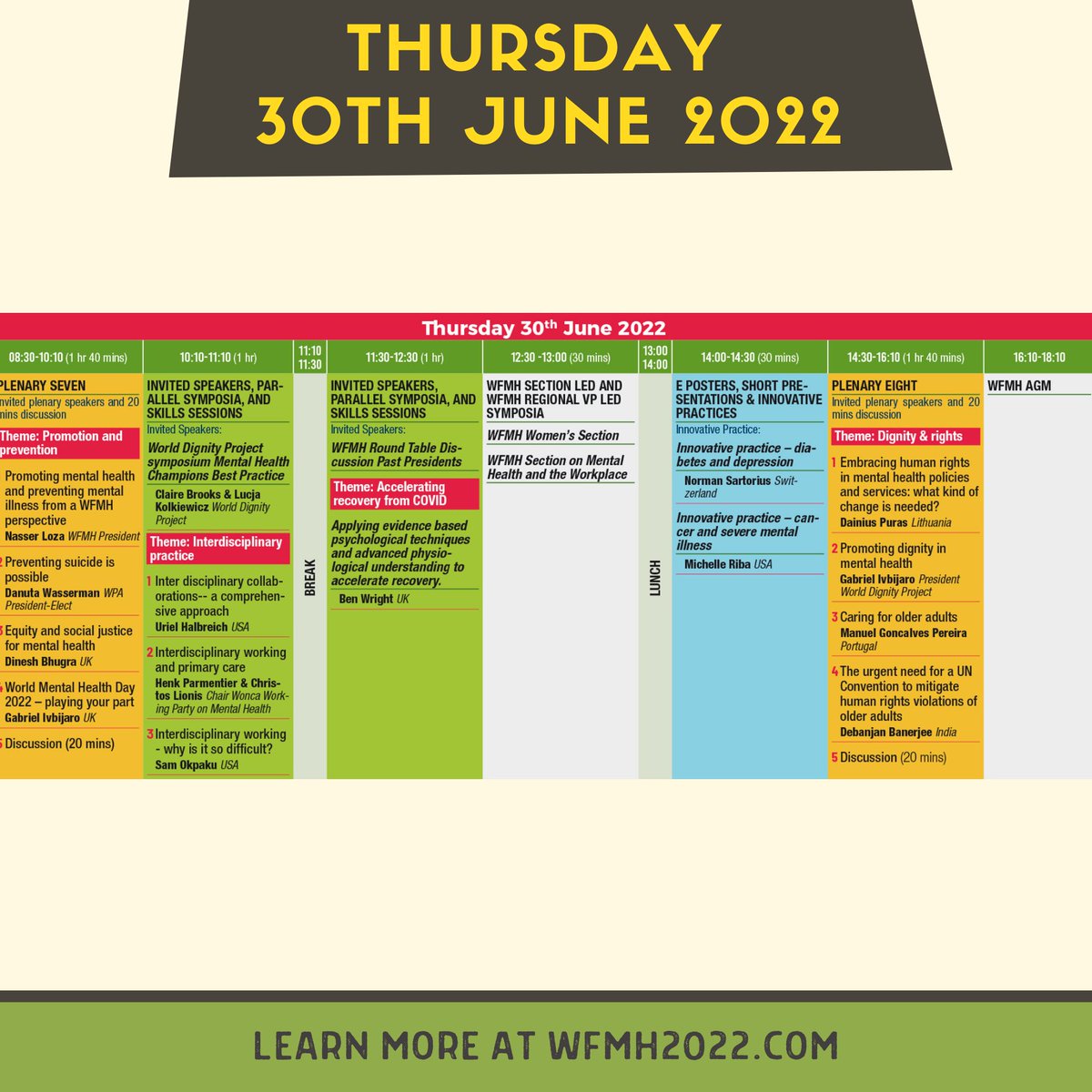 WFMH_Official's tweet photo. We present to you the daily planner for the conference.
Visit https://t.co/SJq7A3fua9 or the link in our bio to learn more!
#WFMH2022 #WFMHWorldCongress2022 #WorldCongress #WorldFederationforMentalHealth #WFMH #WhatIsDignity https://t.co/bmlqjaGki3