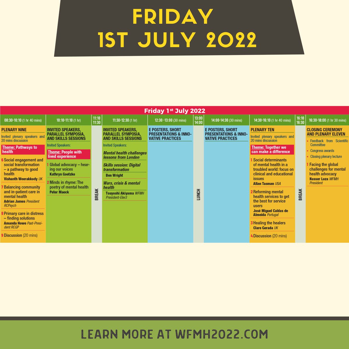 WFMH_Official's tweet photo. We present to you the daily planner for the conference.
Visit https://t.co/SJq7A3fua9 or the link in our bio to learn more!
#WFMH2022 #WFMHWorldCongress2022 #WorldCongress #WorldFederationforMentalHealth #WFMH #WhatIsDignity https://t.co/bmlqjaGki3