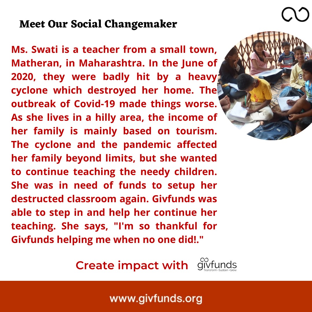 givfunds's tweet photo. Small or big, there are changemakers in the remotest locations in India, and @givfunds  is reaching them!

Hats off to Ms. Swati for putting the needs of others before her own!!

#socialimpact #socialchangemakers #womenempowement https://t.co/fgLcrqvghA
