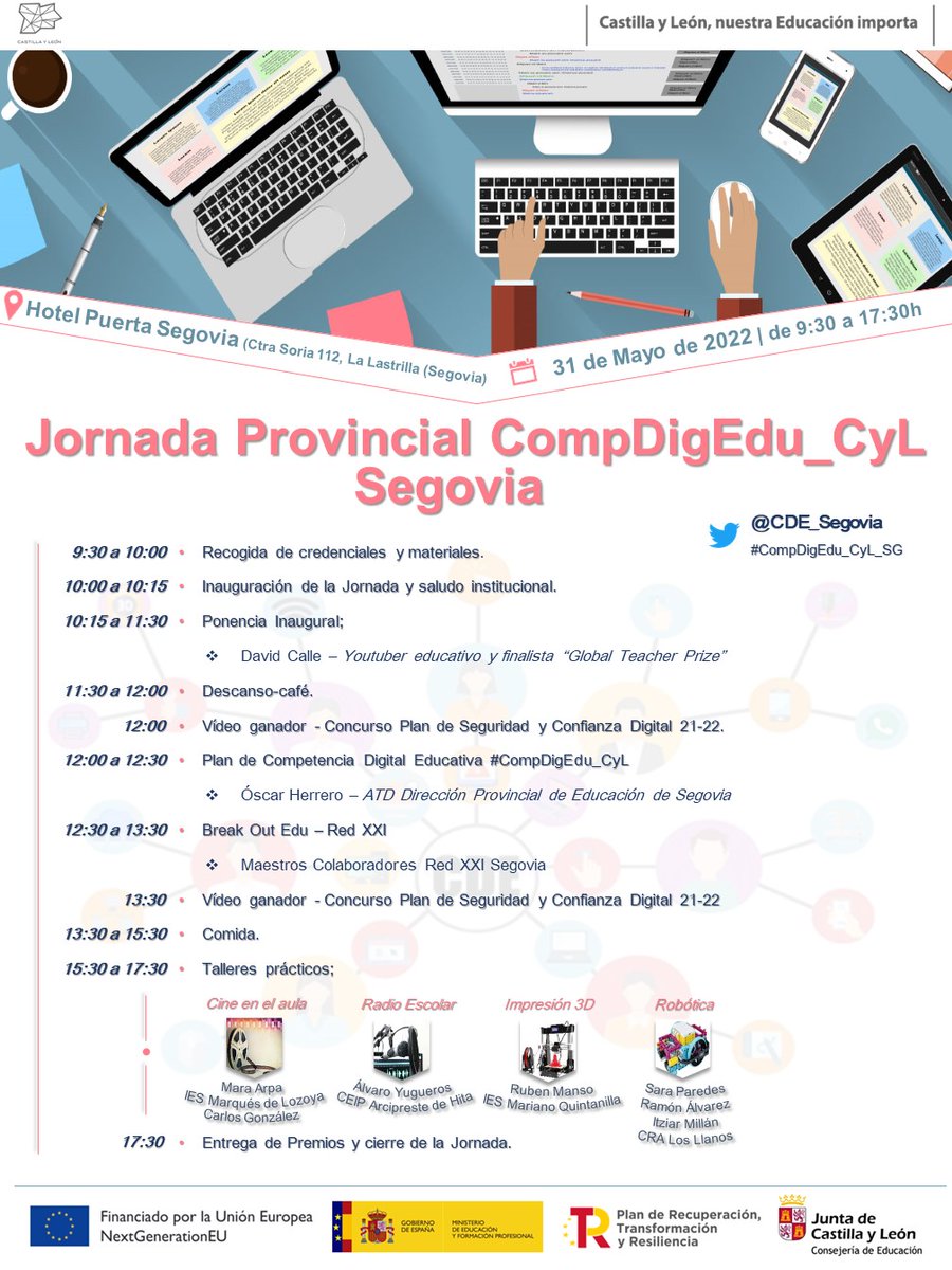 CDE_Segovia's tweet photo. 📢¡¡ Volvemos a vernos!!👏🏽 

Jornada Provincial CompDigEdu - Segovia

🗓 31 de mayo de 2022
📌 Hotel Puerta Segovia
👩🏽‍🏫 Experiencias,ponencias y talleres prácticos sobre el uso de las TIC en el aula. 
💻 Plan de Competencia Digital Educativa

#CompDigEdu_SG 
#CompDigEdu_CyL_SG https://t.co/xEWmNomfY8