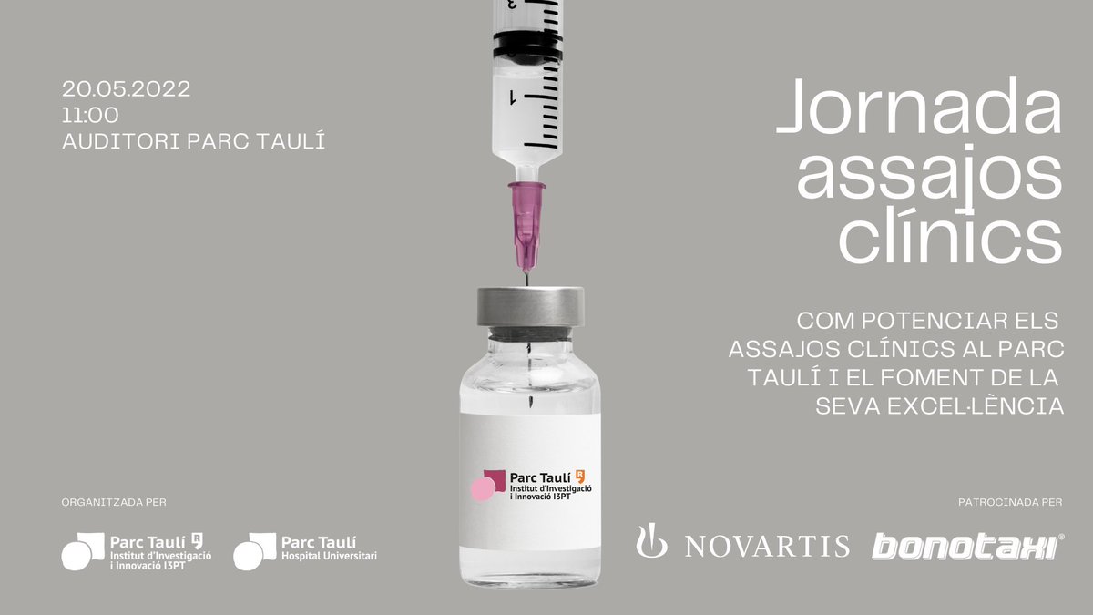 Institut d'Investigació i Innovació Parc Taulí (@i3ptt) on Twitter photo 🔬Jornada Assajos Clínics I3PT
➡️Amb actors clau de la recerca clínica a nivell estatal amb l'objectiu de fomentar els assajos clínics i afavorir noves oportunitats de col·laboració
🗓️ Div, 20.05 | <a href="/parctauli/">Consorci Corporació Sanitària Parc Taulí</a>
🔗Inscripcions: bit.ly/3vXD8Gr
<a href="/NovartisSpain/">Novartis España</a> <a href="/BonoTaxi/">BonoTaxi</a> 🔬Jornada Assajos Clínics I3PT
➡️Amb actors clau de la recerca clínica a nivell estatal amb l'objectiu de fomentar els assajos clínics i afavorir noves oportunitats de col·laboració
🗓️ Div, 20.05 | <a href="/parctauli/">Consorci Corporació Sanitària Parc Taulí</a>
🔗Inscripcions: bit.ly/3vXD8Gr
<a href="/NovartisSpain/">Novartis España</a> <a href="/BonoTaxi/">BonoTaxi</a>