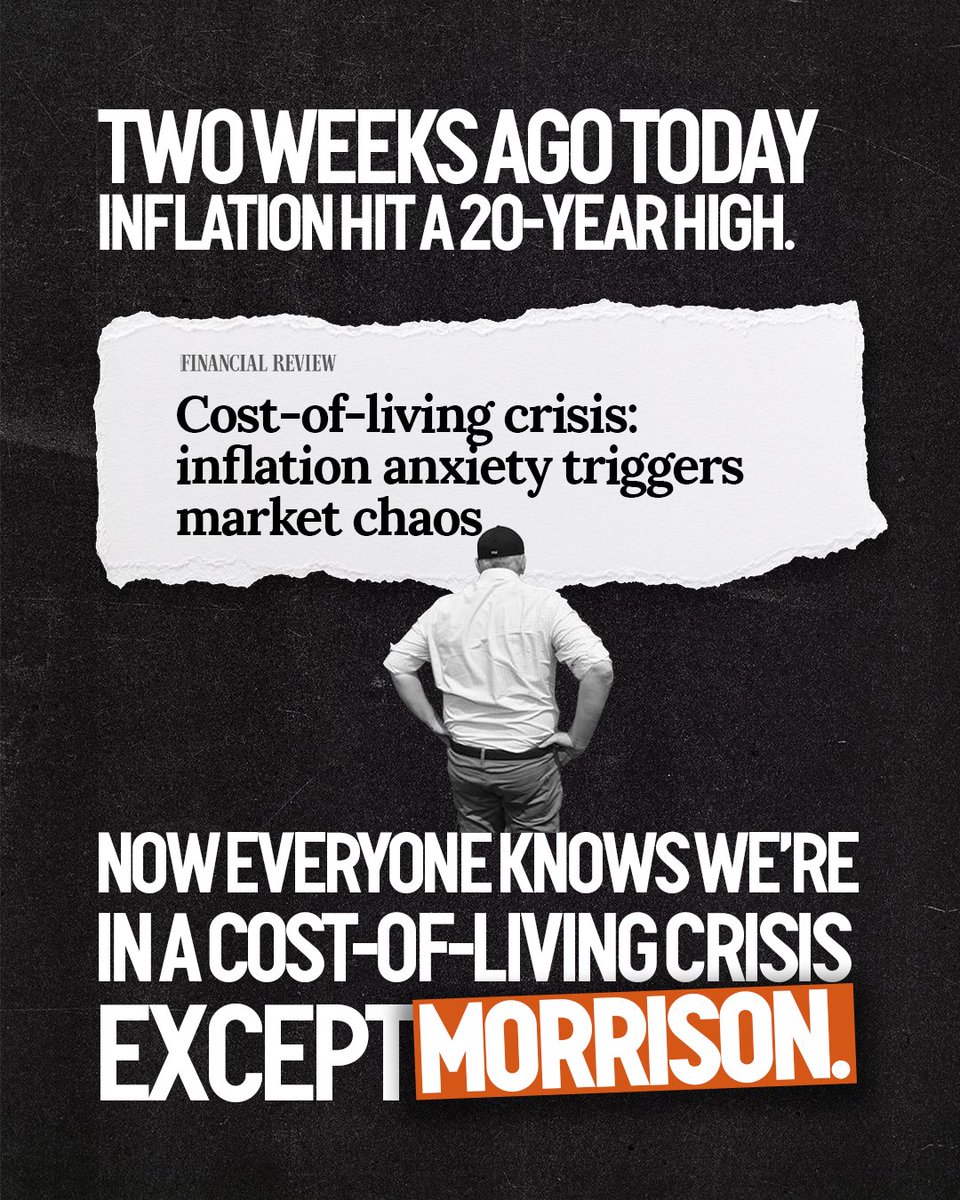 AustralianLabor's tweet photo. It’s been two weeks since inflation figures were released

But, @ScottMorrisonMP still won’t admit there’s a cost-of-living crisis

Will Morrison finally admit that we’re in a cost-of-living crisis during tonight’s #LeadersDebate? 

@7NewsAustralia #auspol #ausvotes2022 https://t.co/dpKs8C5RWX