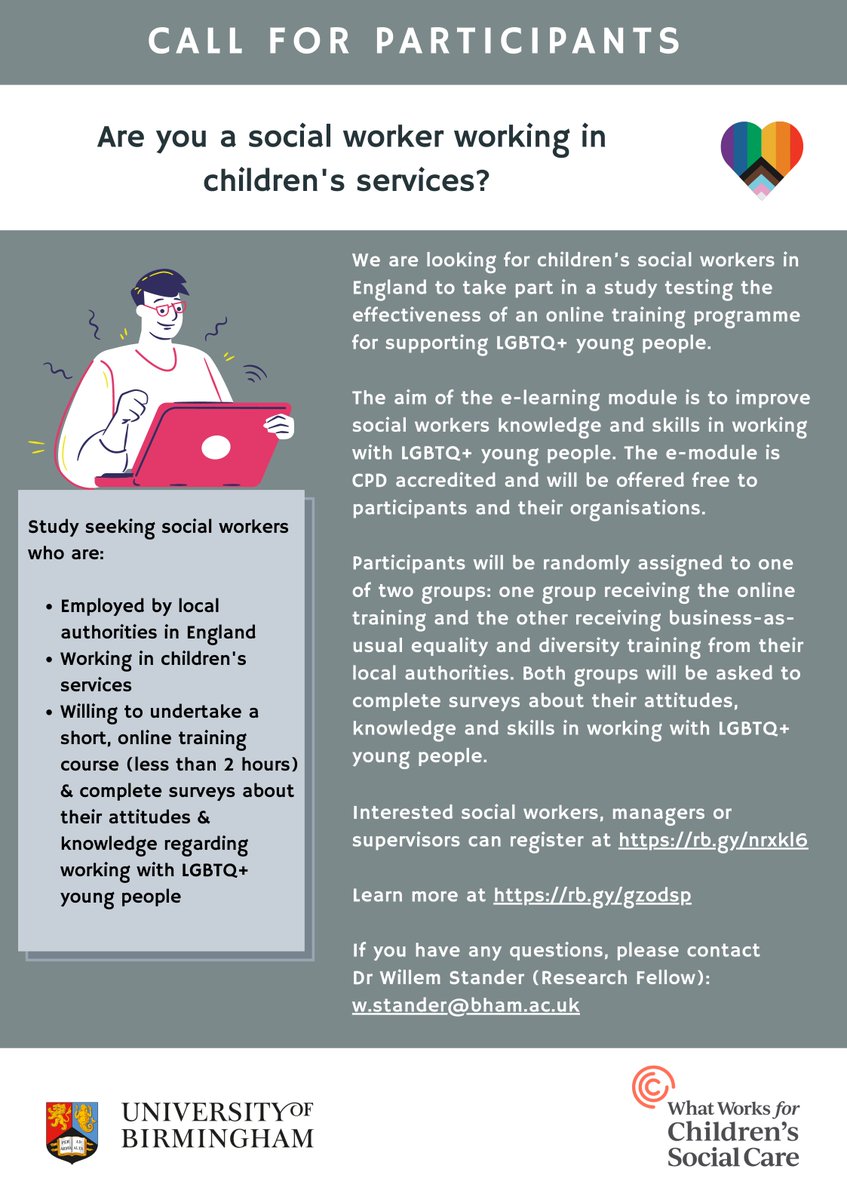 Recruitment call! We are looking for social workers in England to take part in a trial study testing an online training programme for supporting #LGBTQ+ young people. Please RT! To learn more about &amp; participate in the study: bham.qualtrics.com/jfe/form/SV_29…