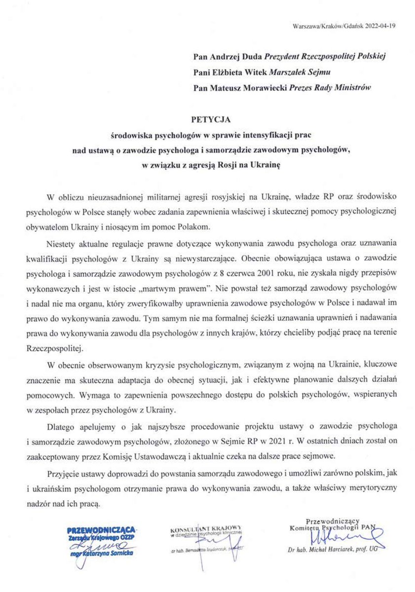 Petycja psychologów, sygnowana przez Komitet Psychologii PAN, Konsultant Krajową Psychologii Klinicznej i <a href="/OZZPsychologow/">Ogólnopolski Związek Zawodowy Psychologów</a>. Mam nadzieję, że #ustawaOzawodziePsychologa będzie szybko procedowana, ponad podziałami. <a href="/elzbietawitek/">Elżbieta Witek</a> <a href="/NFZ_GOV_PL/">Narodowy Fundusz Zdrowia</a> <a href="/LatosTomasz/">Tomasz Latos</a> <a href="/MEIN_GOV_PL/">Ministerstwo Edukacji i Nauki</a> <a href="/MRiPS_GOV_PL/">_</a>