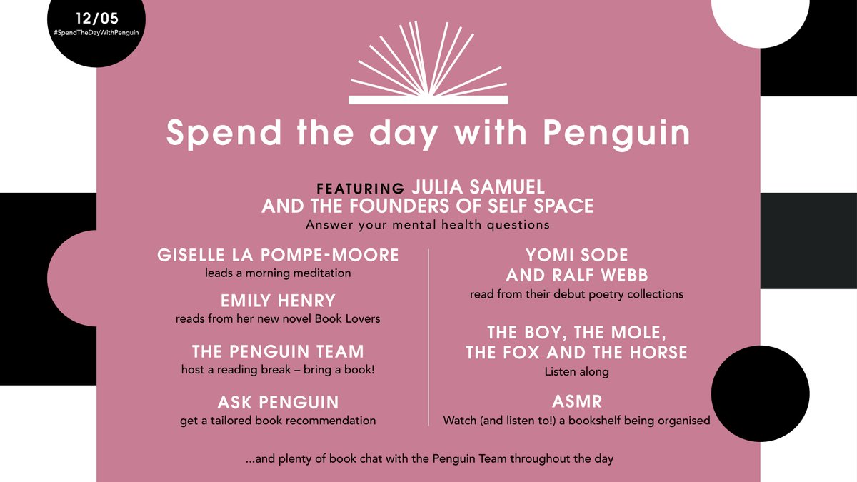 Penguin Books UK (@penguinukbooks) on Twitter photo Tomorrow, Julia Samuel MBE and the founders of <a href="/theselfspace/">Self Space</a> will be on hand to answer all your mental health questions, Giselle La Pompe-Moore will lead a morning meditation and #EmilyHenry will read LIVE from her new novel. Head to our IG from 10am and #SpendTheDayWithPenguin! Tomorrow, Julia Samuel MBE and the founders of <a href="/theselfspace/">Self Space</a> will be on hand to answer all your mental health questions, Giselle La Pompe-Moore will lead a morning meditation and #EmilyHenry will read LIVE from her new novel. Head to our IG from 10am and #SpendTheDayWithPenguin!