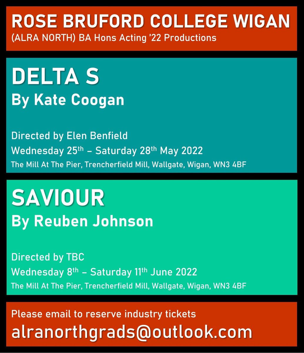 RBCWigan's tweet photo. 🚨 GET BOOKING YOUR TICKETS 🚨 

Here is our Rose Bruford summer term shows! As this will be our final shows as 3rd years, it would be incredible if you are in the north, to come down and show some support! 

Email alranorthgrads@outlook.com to secure your tickets. 

🤍Thankyou https://t.co/fk7cwRiHsV