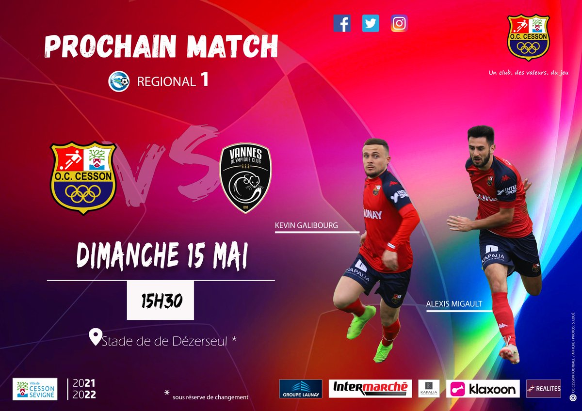 OCCessonFoot's tweet photo. [SENIORS]
#R1 

𝐏𝐑𝐎𝐂𝐇𝐀𝐈𝐍 𝐌𝐀𝐓𝐂𝐇👊

Dernier match à domicile, venez les encourager

📊𝑂𝐵𝐽𝐸𝐶𝑇𝐼𝐹 𝑇𝐸𝑅𝑀𝐼𝑁𝐸𝑅 𝐶𝐸 𝐶𝐻𝐴𝑀𝑃𝐼𝑂𝑁𝑁𝐴𝑇 𝐼𝑁𝑉𝐴𝐼𝑁𝐶𝑈💪

📆𝗗𝗜𝗠𝗔𝗡𝗖𝗛𝗘 𝟭𝟱 𝗠𝗔𝗜
⌚15h30
🆚Vannes OC
🧭𝗦𝘁𝗮𝗱𝗲 𝗱𝗲 𝗗𝗲́𝘇𝗲𝗿𝘀𝗲𝘂𝗹

#TeamOCC https://t.co/1PwuU5jqmK