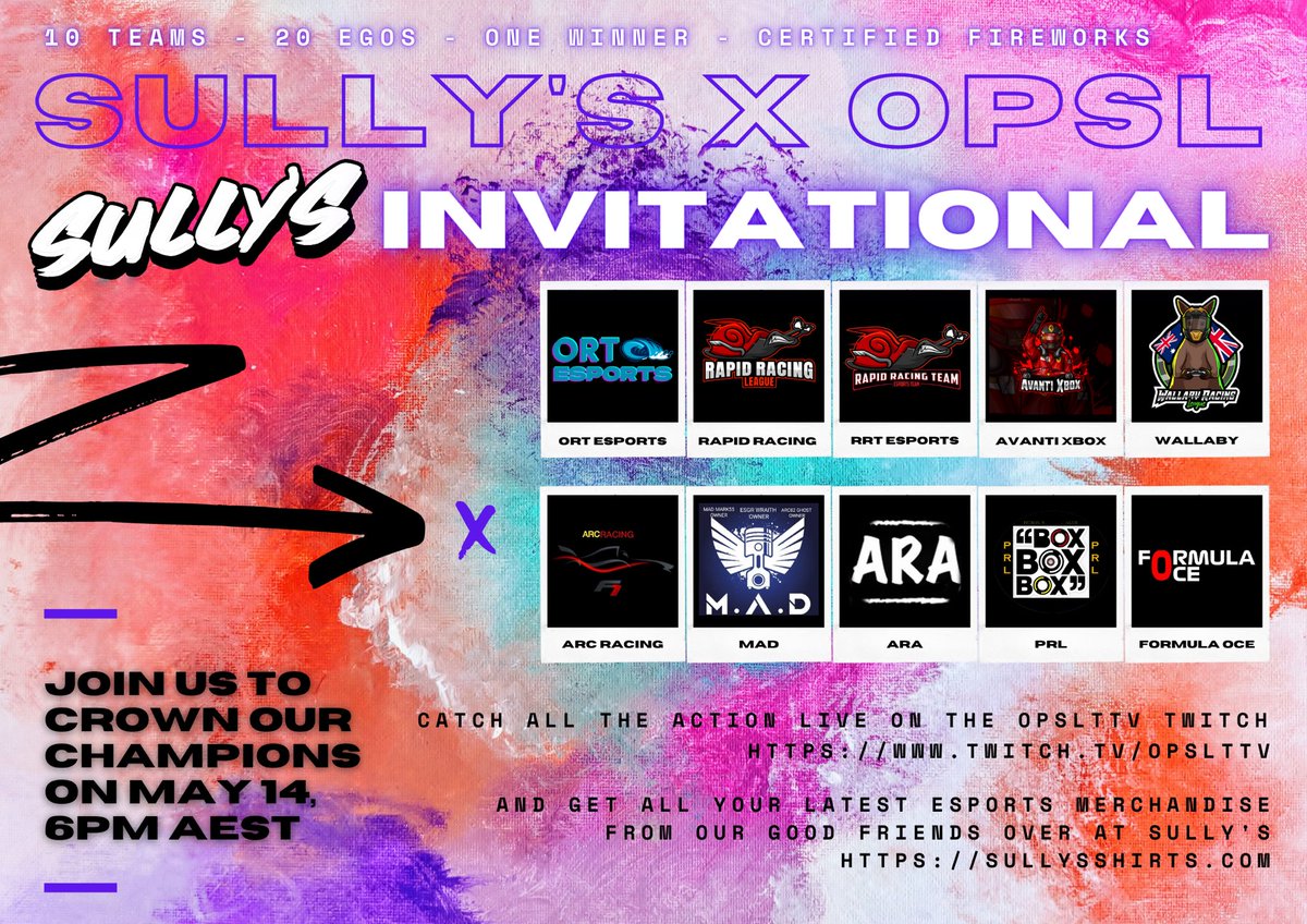 This weekend we take on the first Sully’s Invitational hosted by OPSL! Very excited to see how our drivers stack up, including against our good friends at @RRT_ESPORTS . Sure to be a cracker and will all be streamed live from the OPSL twitch! twitch.tv/opslttv #UptheORT