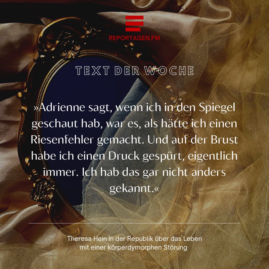 ReportagenFM's tweet photo. Wie ist es, wenn man sich selbst im Spiegel nicht richtig sehen kann? Adrienne leidet unter einer körperdysmorphen Störung. #TextderWoche von Theresa Hein darüber, wie die Vorstellung, einem Körperideal nicht zu genügen, krank macht. @RepublikMagazin
https://t.co/FHY6eD0DbR https://t.co/fyorcOXYfG