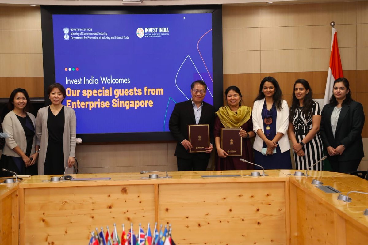 .<a href="/investindia/">Invest India</a> signed an MoU with Enterprise Singapore to bolster #IndiaSingapore business dynamics and strengthen collaboration in various areas, including sustainability, renewable energy &amp; innovation!

#InvestIndia #InvestInIndia #MoU <a href="/mnreindia/">Ministry of New and Renewable Energy (MNRE)</a> @IndiainSingapor