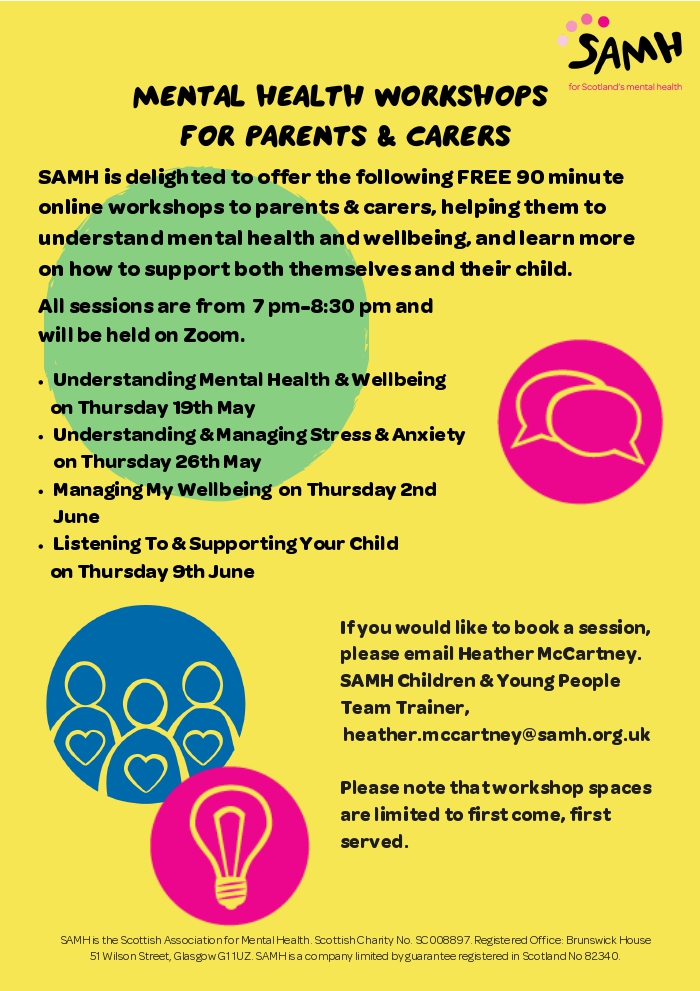 LevenmouthAc's tweet photo. #LevAcWellbeing SAMH will soon be running online sessions on Mental Health Awareness, Understanding and Managing Stress and Anxiety, Managing My Wellbeing and Listening to and Supporting My Child.
Any parents and carers who are interested, please see flyer for more information. https://t.co/keHnbOKkjM