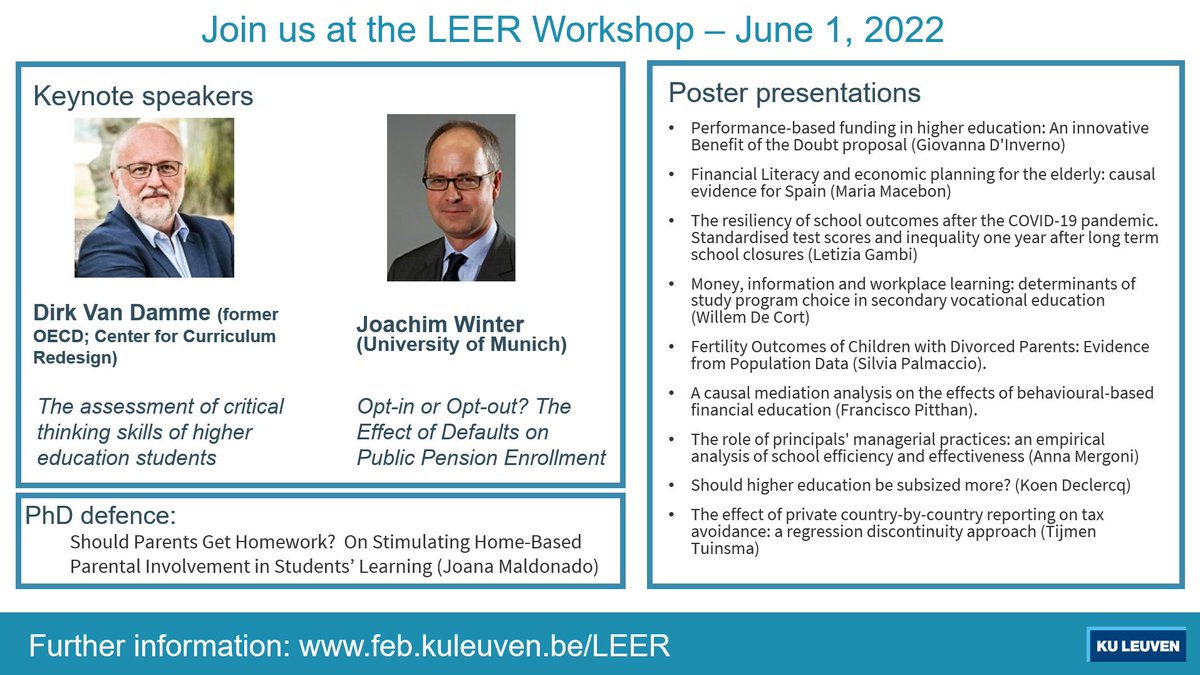 📢Welkom op 1 juni op de LEER Workshop:

👉Presentaties van <a href="/VanDammeEDU/">Dirk Van Damme</a> en Joachim Winter rond kritisch denken
👉 Nieuwe inzichten rond financiering hoger onderwijs, financiële geletterdheid, COVID-19 leervertraging, gedragseconomie...
👉Alle info via feb.kuleuven.be/LEER