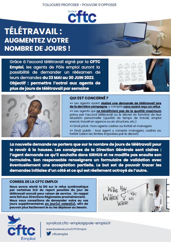 cftcemploi's tweet photo. Vous n’avez pas obtenu satisfaction lors de votre première demande de télétravail ? N’hésitez pas à faire une nouvelle demande du 23 mai au 30 juin sur SIRHUS !
#poleemploi #CFTC #teletravail https://t.co/ZeFC3x8359