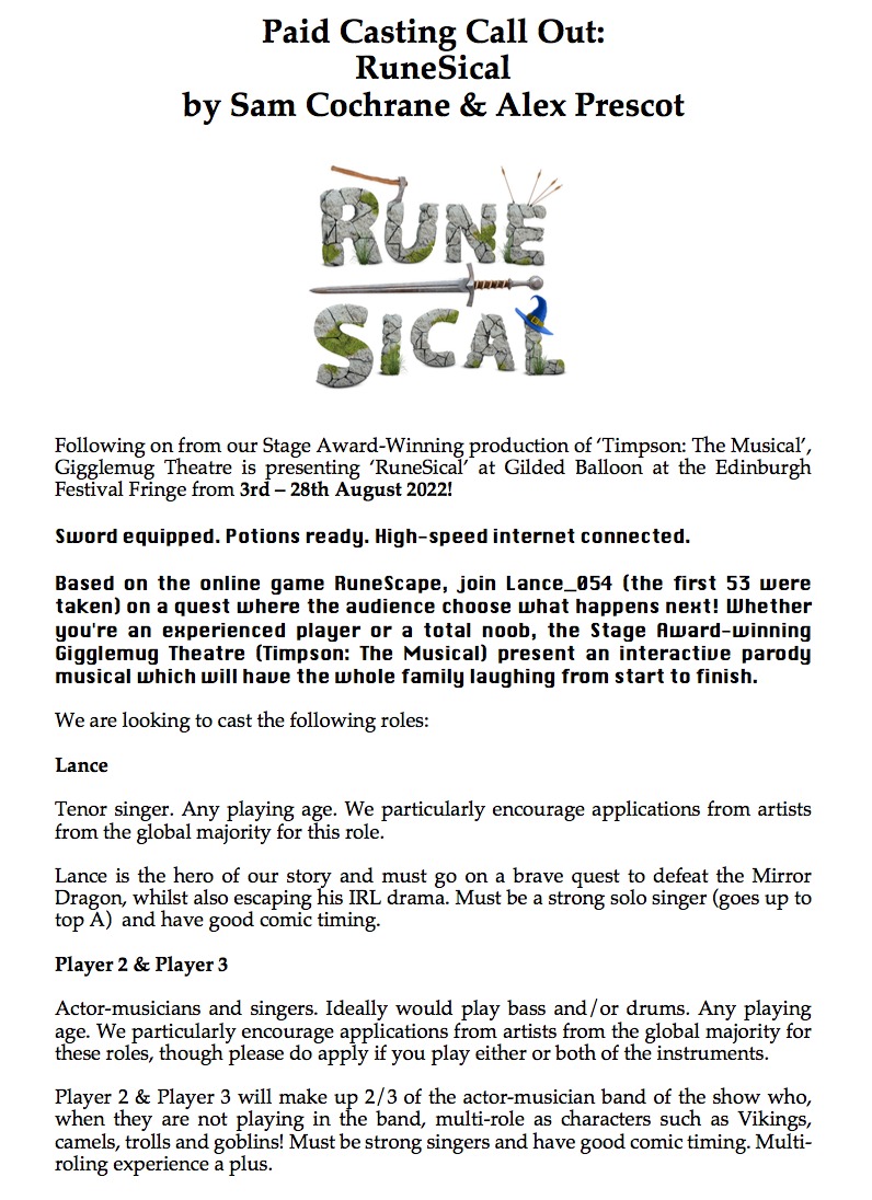 TheGigglemug's tweet photo. WE ARE CASTING for our latest Edinburgh Fringe show #RuneSical ⚔️ A comedy parody musical based on the game RuneScape, from the Gigglemugs behind #TimpsonTheMusical &amp; @WeSpillBeans 🧡 Please RT and share with your networks! https://t.co/MXQ4zM8F8m