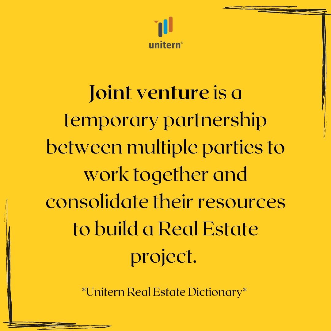 ArisUnitern's tweet image. Unitern Real Estate Dictionary brings you the meaning of commonly used term JV. 
Simplifying another lingo mostly spoken in RE industry. 

Share your word recommendations with us. 

#unitern #realestate #dictionary #lingo #jv #partnerships #jointventures