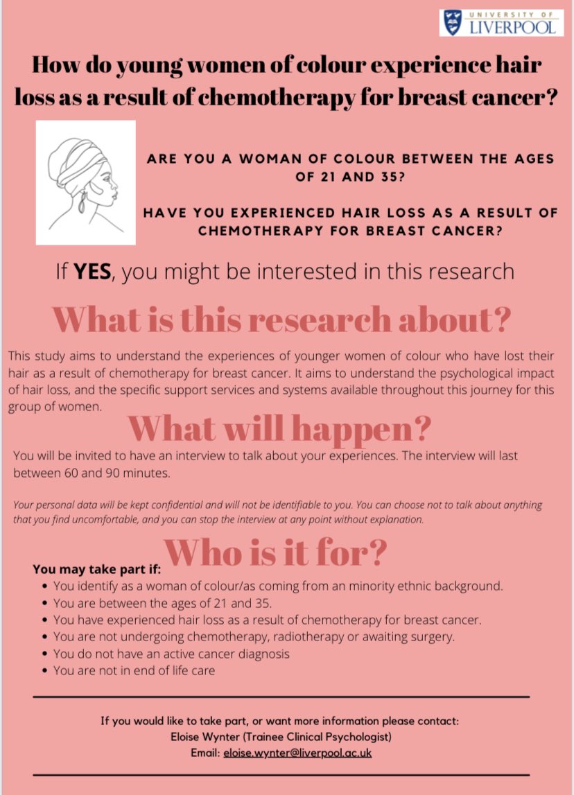 __EloW's tweet photo. For my research project I’d like to speak with younger Women of Colour who have had experience of hair loss as a result of chemotherapy for breast cancer. Please share and retweet with your networks! https://t.co/i1zUdfWuFN