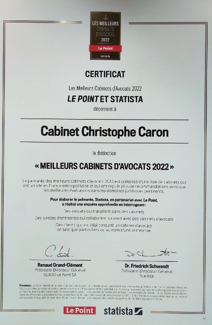Le Cabinet Christophe CARON est ravi d'être classé par Le Point parmi les "meilleurs cabinets d'avocats 2022" en obtenant cinq étoiles dans la spécialité du droit de la propriété littéraire et artistique. Grand merci à nos clients pour leur confiance et à notre équipe !