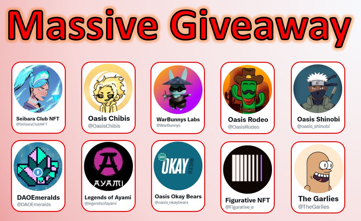 NftOasisT's tweet photo. ⚠️MASSIVE GIVEAWAY⚠️

🌹Follow: 
@NftOasisT 
@Phil_pill_NFT 
@OasisChibis 
@legendsofayami 
@WarBunnys 
@Figurative_e 
@oasis_okaybears 
@SeibaraClubNFT 
@DaoEmeralds
@TheGarlies
@OasisRodeo 
@oasis_shinobi

🌹RT+LIKE+TAG FRIENDS🌹

🥵Ended on Friday🥵

⬇️⬇️⬇️PRIZES⬇️⬇️⬇️ https://t.co/ntvCiFMdLC