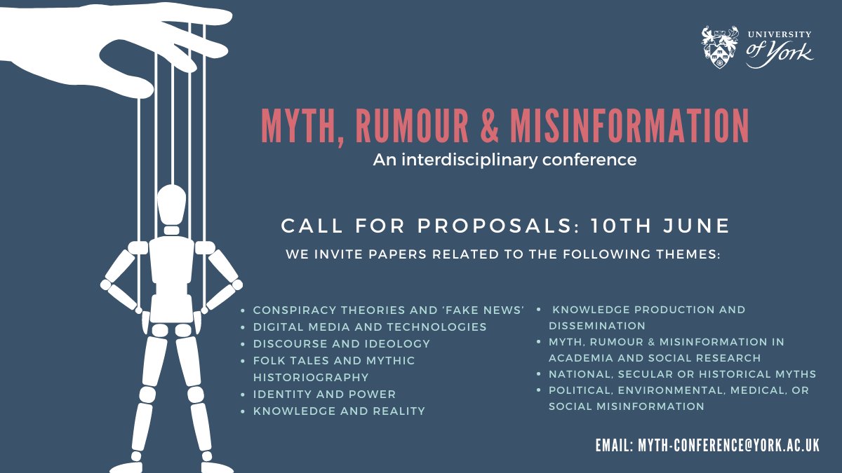 🚨SAVE THE DATE: Tues 26th Jul🚨 <a href="/UniOfYork/">University of York</a> Sociology presents 'Myth, Rumour &amp; Misinformation' a day of interdisciplinary discussion, networking &amp; talks on all things mythic and fallacious Full details + registration: bit.ly/folklore-to-fa… Call-for-Proposals deadline Fri 10 Jun