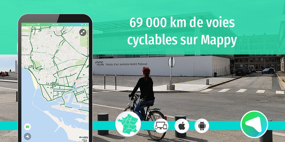 Mappy's tweet photo. Chaque mois, ce sont des milliers de kilomètres de pistes cyclables qui sont ajoutés sur Mappy ! Au Havre, 187 km de voies cyclables permettent aux cyclistes de rouler en toute sécurité 🚲 #velo #LeHavre https://t.co/ehQ3kmBIEO https://t.co/C1NldA1tze