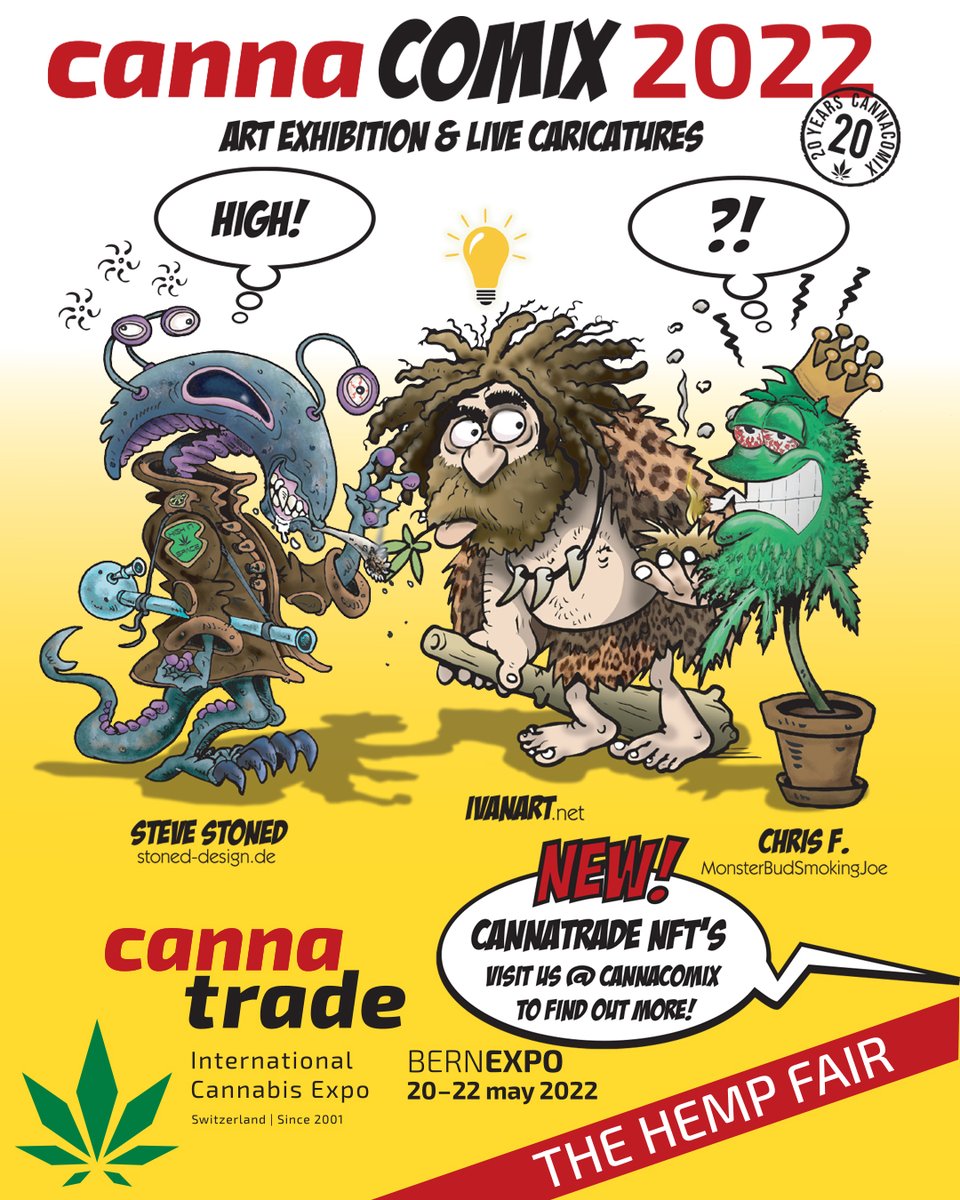 We are happy to have the CannaComix exhibition at the CannaTrade 2022. 🎨 Every day you can have live caricatures created for you, visit the exhibition and watch the artists Ivan, Steve and Chris create NFT's! Tickets and more information at cannatrade.ch