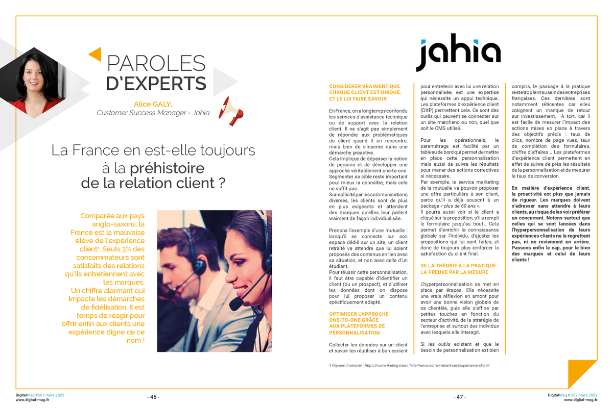 Retrouvez la tribune de notre Customer Success Manager Alice Galy dans <a href="/DigitalMag2/">Digital Mag</a>  !
Elle nous parle de #relationclient et de l'importance d'offrir un #parcoursweb sur-mesure !
Accédez au magazine complet (et à la tribune page 46-47)👉 lnkd.in/eJUDyraR