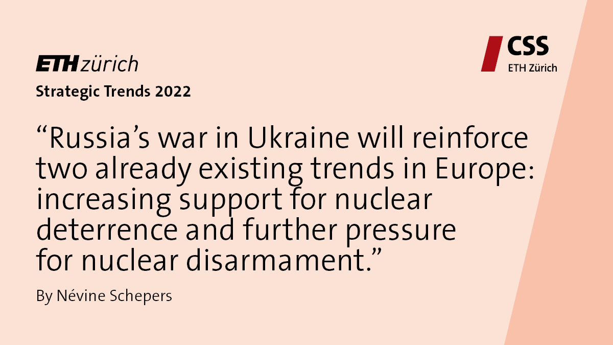 CSS_ETHZurich's tweet photo. Out on Friday: Strategic Trends 2022. In the 3rd chapter @NevineSchepers argues that 🇷🇺s war in #Ukraine complicates nuclear arms control efforts while also underlining their necessity given heightened risks of nuclear escalation.
Previous #CSSTrends here https://t.co/sQRjZQjsPk https://t.co/VnC27n764V