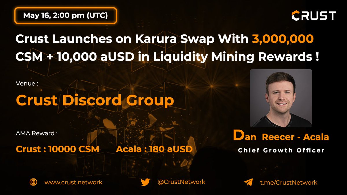 CrustNetwork's tweet photo. 🔥Join the Crust✖️Acala Discord AMA🔥

⏰ May 16, 2 pm (UTC)
📺 Crust Discord Group  
💰 10000 CSM &amp; 180 aUSD (worth $400!)

✅ Join: https://t.co/bBHxkiPn3I
✅ Like, RT &amp; tag 2 friends
✅ Follow @CrustNetwork &amp; @AcalaNetwork  &amp; @KaruraNetwork 

Extra 5 winners during the AMA!🤑 https://t.co/2ZKSXJhRia