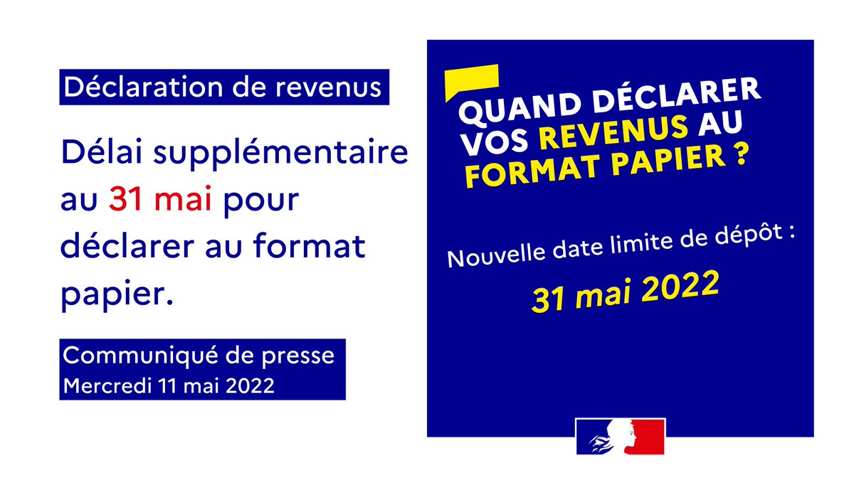 dgfip_officiel's tweet photo. 🔈 Déclaration de revenus | Délai supplémentaire pour la version papier.
📆 La date limite de dépôt prévue le 19/05 est exceptionnellement repoussée au 31/05.
⚠️ Le calendrier pour déclarer en ligne n’est pas modifié.
➕ d'infos ➡️ https://t.co/HCOTtxb2ps
#impôts #servicepublic https://t.co/ENK9b9XcdE