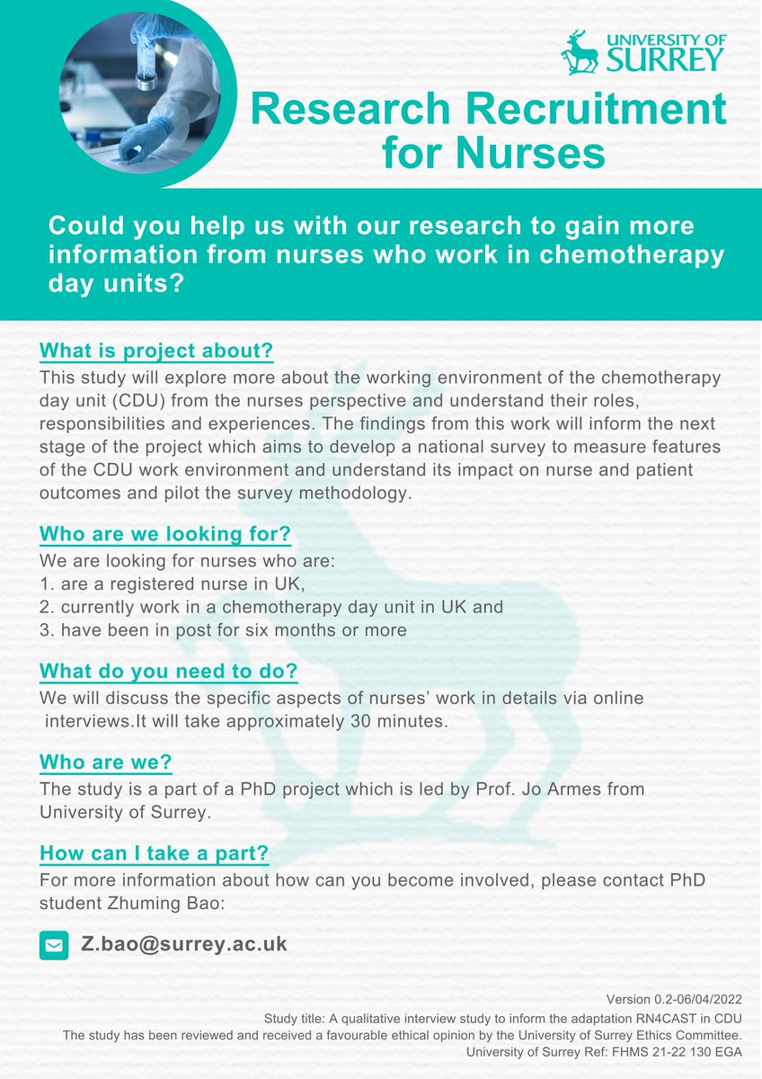 Ming (@zhumingbao) on Twitter photo 📢 Recruit nurses 📢 Hi all, I am a PhD student recruiting chemotherapy day units nurses to do interviews for my programme. Please check the poster! Thanks.
<a href="/CancerAtSurrey/">Cancer Care Surrey</a> <a href="/SurreyResearch/">Surrey Research</a> <a href="/SurreyDocCol/">University of Surrey Doctoral College</a> <a href="/UKONSmember/">UKONS</a> @spuddyjo <a href="/MerryTea/">Mary Tanay RN PhD</a> 📢 Recruit nurses 📢 Hi all, I am a PhD student recruiting chemotherapy day units nurses to do interviews for my programme. Please check the poster! Thanks.
<a href="/CancerAtSurrey/">Cancer Care Surrey</a> <a href="/SurreyResearch/">Surrey Research</a> <a href="/SurreyDocCol/">University of Surrey Doctoral College</a> <a href="/UKONSmember/">UKONS</a> @spuddyjo <a href="/MerryTea/">Mary Tanay RN PhD</a>
