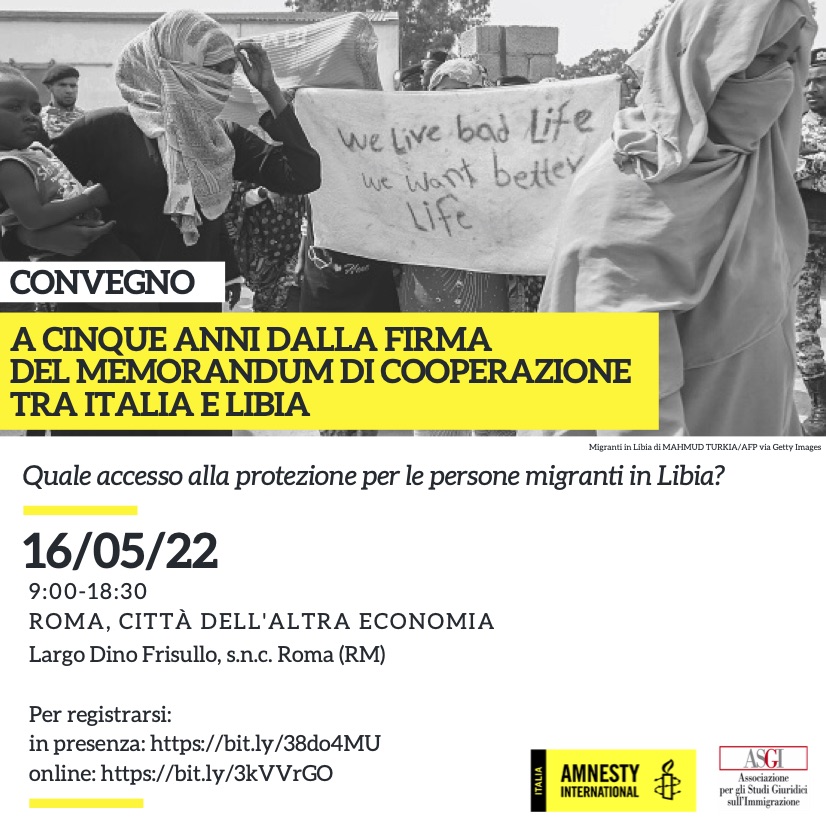 asgi_it's tweet photo. Il 16 maggio, a cinque anni dalla firma del Memorandum di cooperazione tra Italia e Libia, @amnestyitalia e ASGI organizzano un convegno per parlare di effetti, responsabilità e prospettive future.

Il convegno si può seguire anche online!
Info 👇 https://t.co/uhRdEWLncP https://t.co/nPvSroTFuL