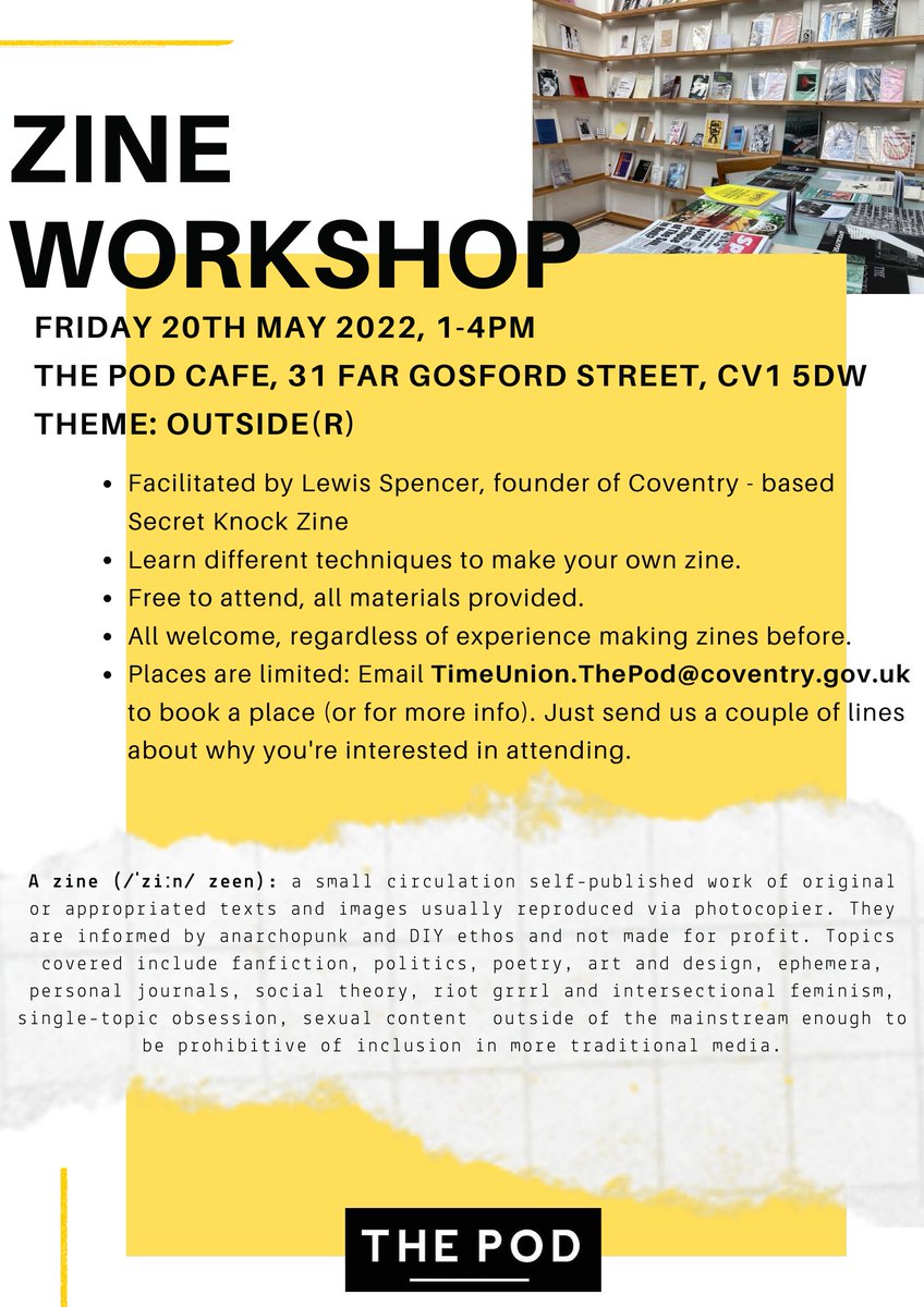 Time Union Coventry (@timeunioncov) on Twitter photo Zine Workshop <a href="/the_pod_cafe/">The Pod Cafe</a> on 20th May 1-4pm. Email TimeUnion.ThePod@coventry.gov.uk to book a place (or for more info). Just send us a couple of lines about why you're interested in attending. Zine Workshop <a href="/the_pod_cafe/">The Pod Cafe</a> on 20th May 1-4pm. Email TimeUnion.ThePod@coventry.gov.uk to book a place (or for more info). Just send us a couple of lines about why you're interested in attending.