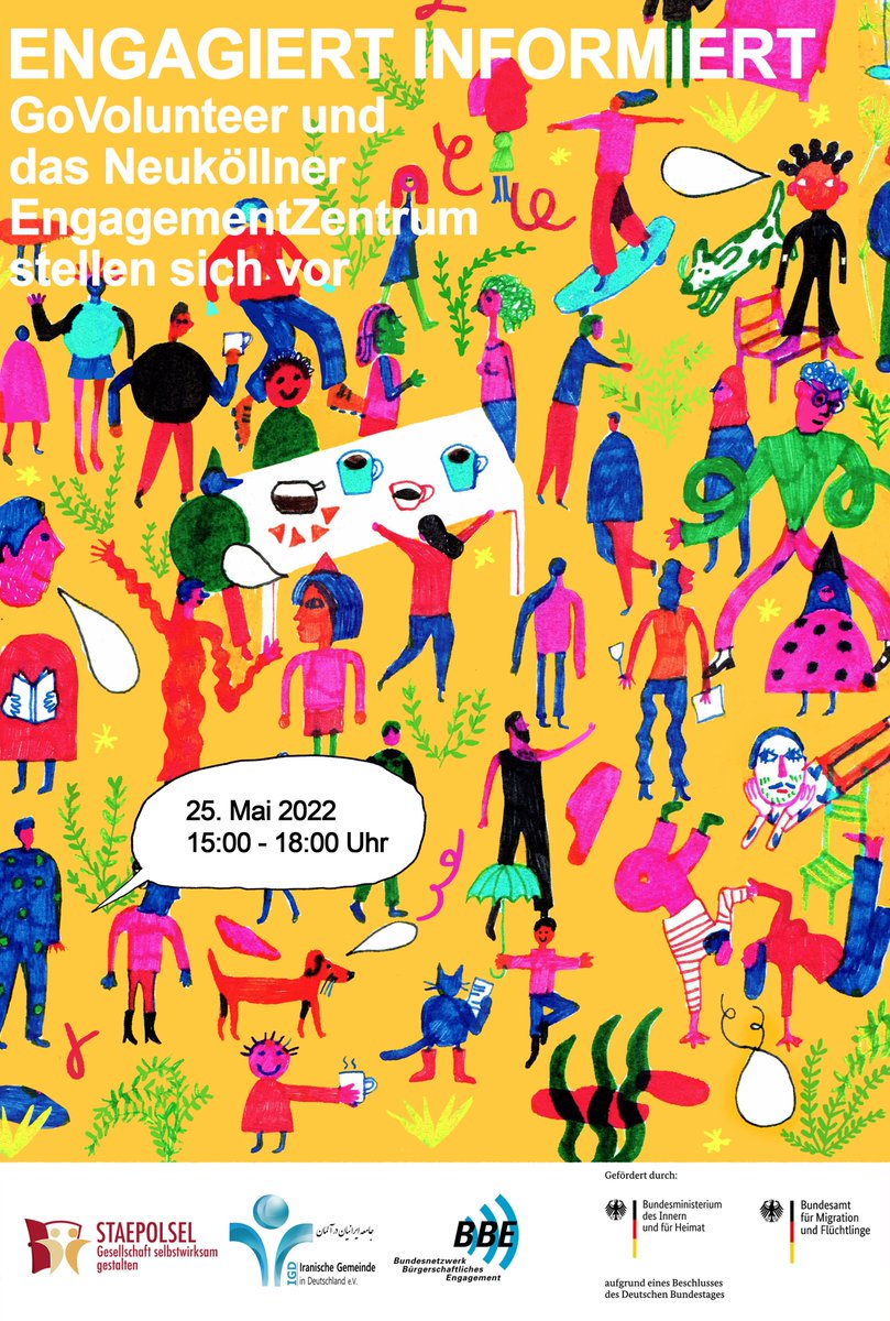 Viele Menschen, die neu nach D. kommen, möchten sich engagieren. Wie aktiv werden? Am 25.5. lädt STAEpolSEL nach Berlin ein &amp; spricht mit <a href="/GoVolunteer_com/">GoVolunteer</a> &amp; dem Neuköllner #Engagement-Zentrum über Möglichkeiten für Menschen mit Migrations/Flucht-Erfahrung. eventbrite.com/e/engagiert-in…