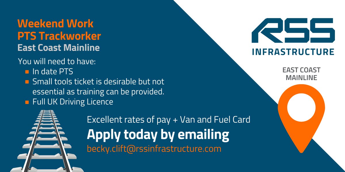 RSS_Infra's tweet photo. PTS Trackworker NEEDED!📢
📍 East Coast Mainline
👷‍♂️ Excellent rates of pay + Van and Fuel Card.

For more information/to apply ⤵
🔗 https://t.co/wzgMw4JwkH
📧 becky.clift@rssinfrastructure.com
#ukjobs #careers #railjobs #PTS #trackworker #birminghamjobs https://t.co/pyQzt4cHSX