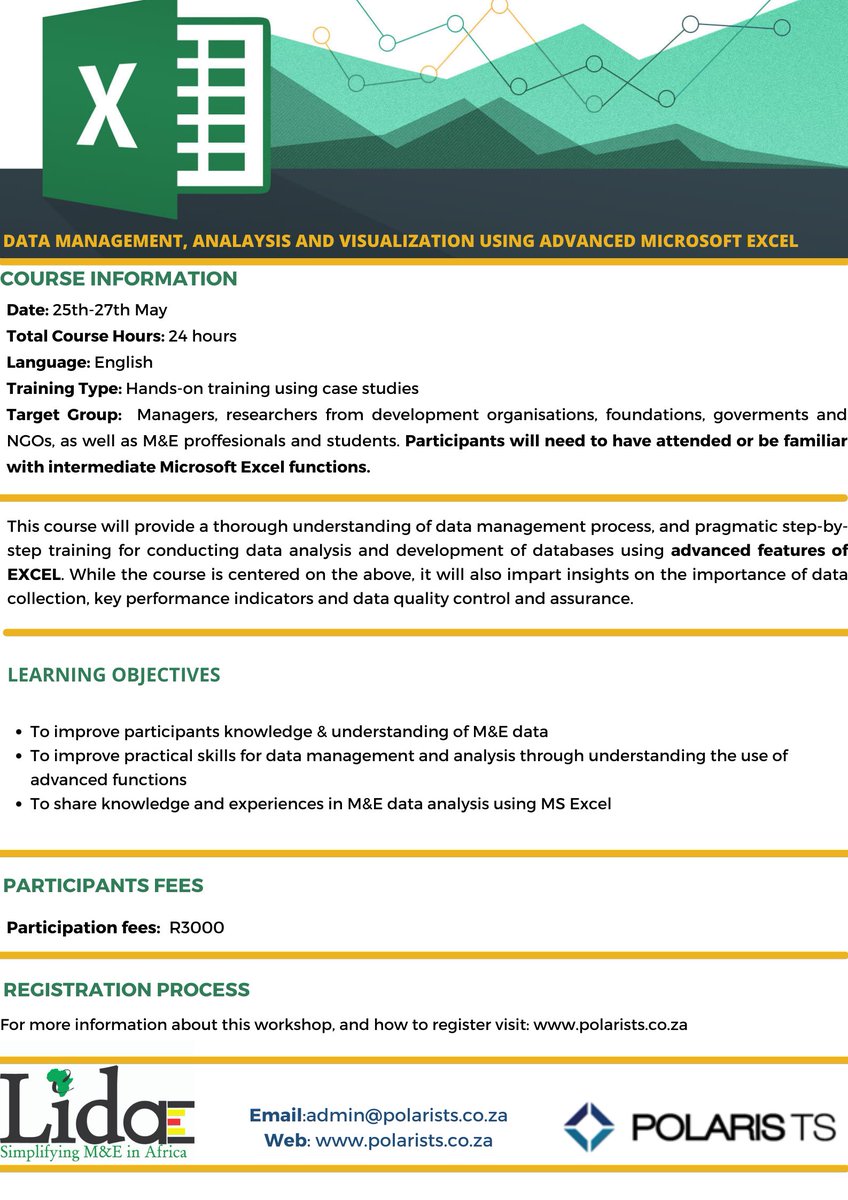 PolarisTechnic1's tweet photo. Register on the 25th-27th May, 4 our Advanced Excel &amp;Viz. Make your reports more visually appealing to the reader. Register here:https://t.co/8XZdBvBuOW . @Lida_Africa  @pongeweb https://t.co/bcEsD0nYXH
