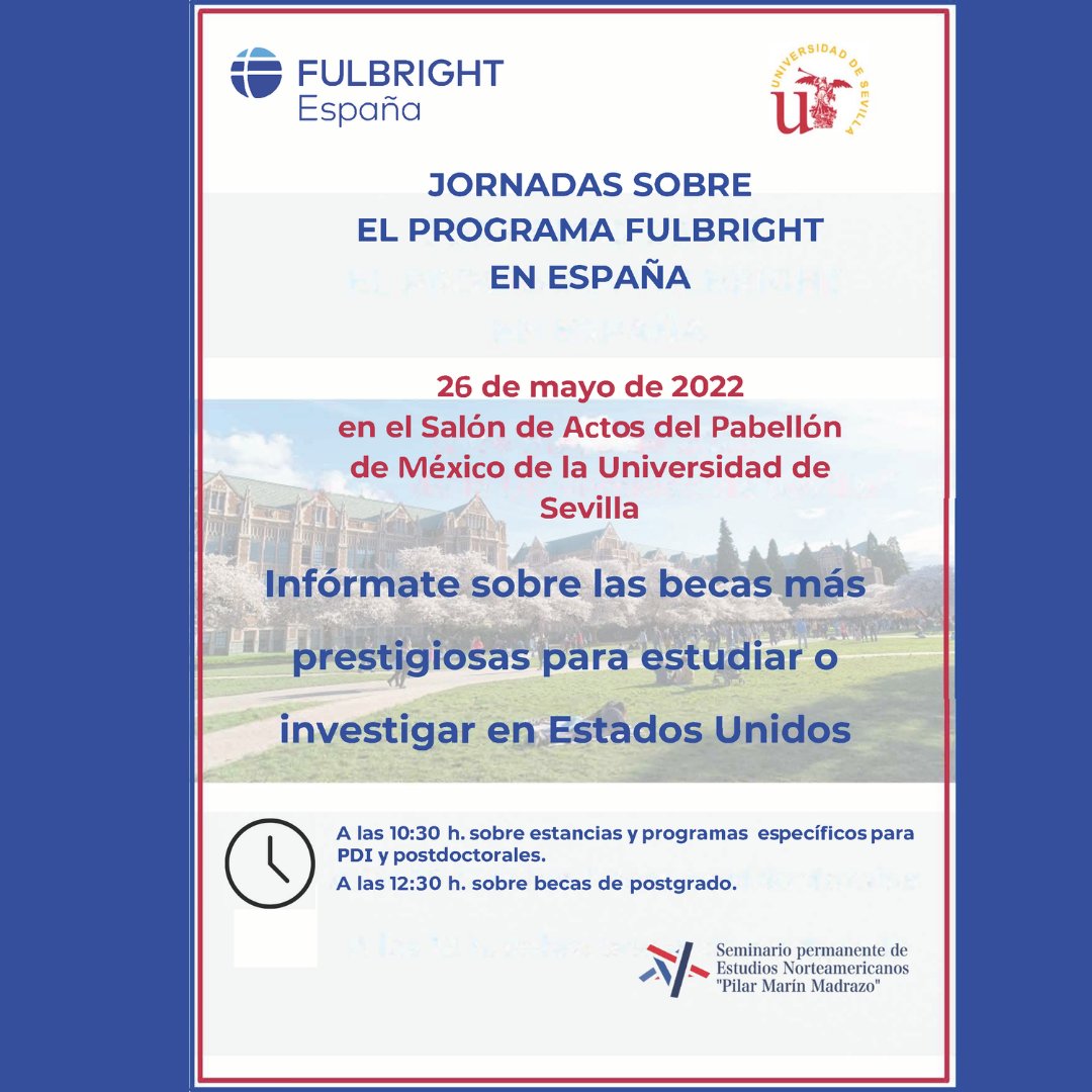 EstudNorthAmRG's tweet photo. ANNOUNCEMENT: Our research group and the Permanent Seminar "Pilar Marín Madrazo" are pleased to announce that we will be holding a conference regarding the Fulbright Program on May 26th.
Get informed about the most prestigious scholarships to study and research in the US. https://t.co/v5Abvwr8Sv