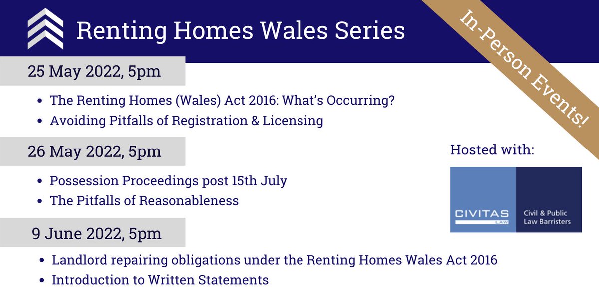 CardiffLawSoc's tweet photo. Book now: Renting Homes Wales Act Seminar Series 

Book now to join Cardiff &amp; District Law Society &amp; @CivitasChambers for this FREE, in person 3-part event series on 25, 26 May &amp; 9 June 2022: 

https://t.co/VQrioBqigQ

 #wales #legalcardiff #Event #RentingHomesAct https://t.co/ILWOsOW0Q9
