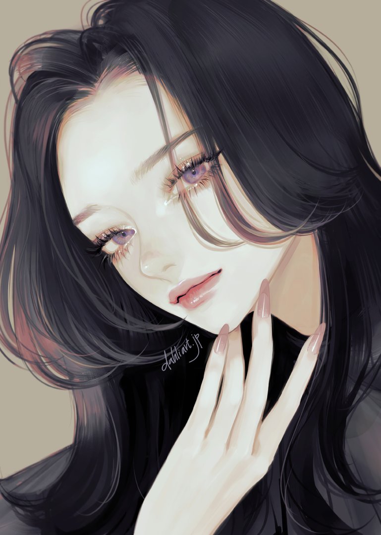 1girl solo black hair long hair looking at viewer simple background purple eyes  illustration images