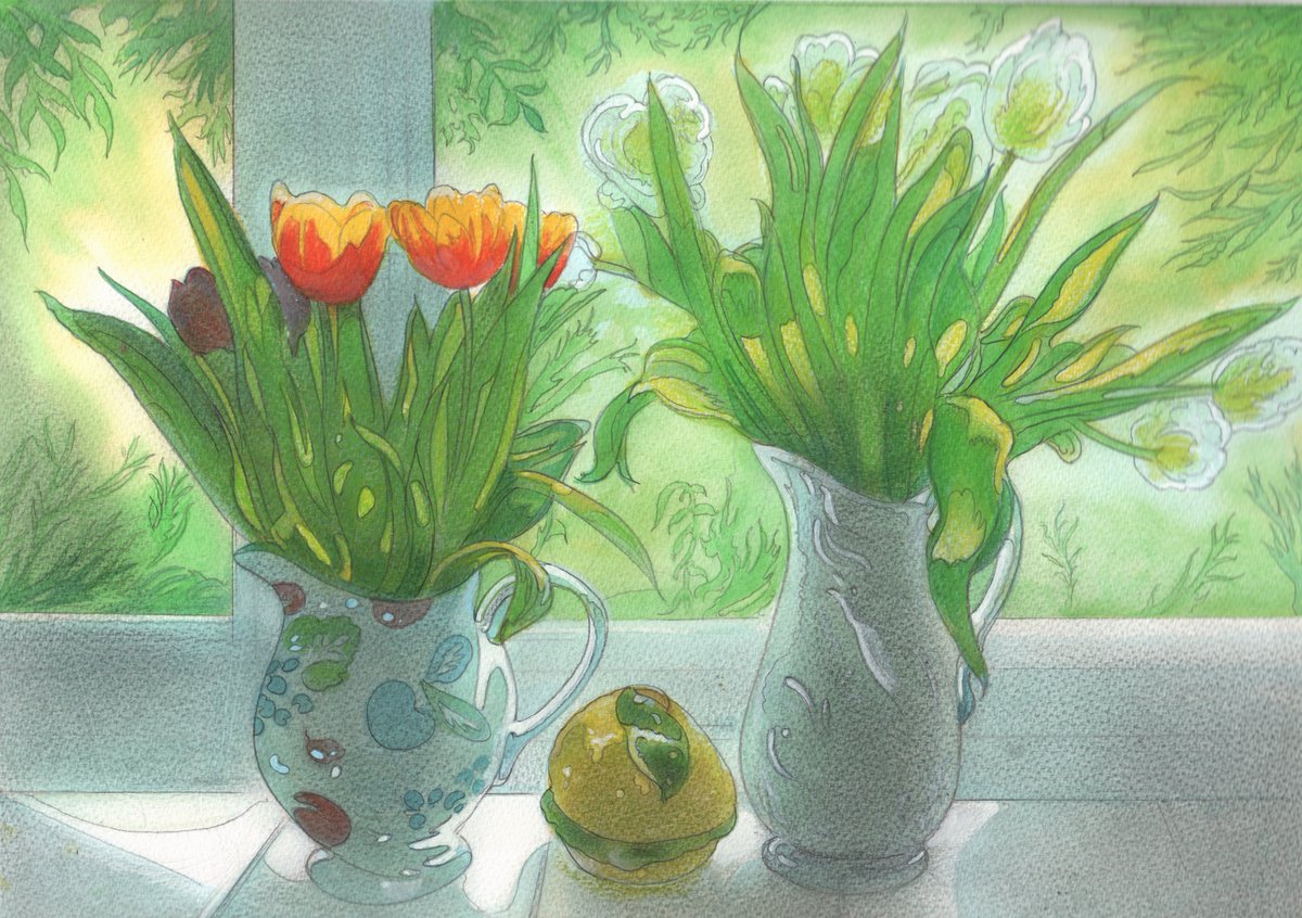 ianarchiebeck's tweet photo. Tulips and a Ceramic Lemon: watercolour on paper and available mounted but unframed at my exhibition Recollected Sunlight @ArtWorkersGuild  neiljennings20@gmail.com for details https://t.co/P75kTiJl7G
