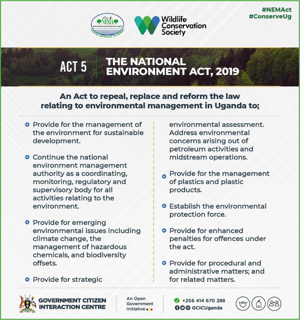 nemaug's tweet photo. DID YOU KNOW?
The National Environment Act, is the law that guides the management of environment in Uganda. It provides for procedural and administrative matters regarding environment - Follow the link to download the Act https://t.co/z6U7zRSEnA
#ConserveUg
@ABarirega @NKarekaho https://t.co/Rsm7nnn24z