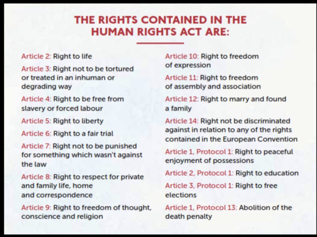 In case you were wondering what we stand to lose when our ghoulish government destroys the Human Rights Act- here’s a list. #QueensSpeech #HumanRightsAct