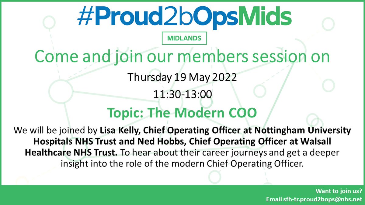 Coming up next week… Join our Midlands members session where we will be looking at the role of ‘The Modern COO’. We will be joined by Lisa Kelly, COO <a href="/nottmhospitals/">Nottingham University Hospitals</a> &amp; Ned Hobbs, COO <a href="/WalsallHcareNHS/">Walsall Healthcare</a> as they share their career journeys with us.