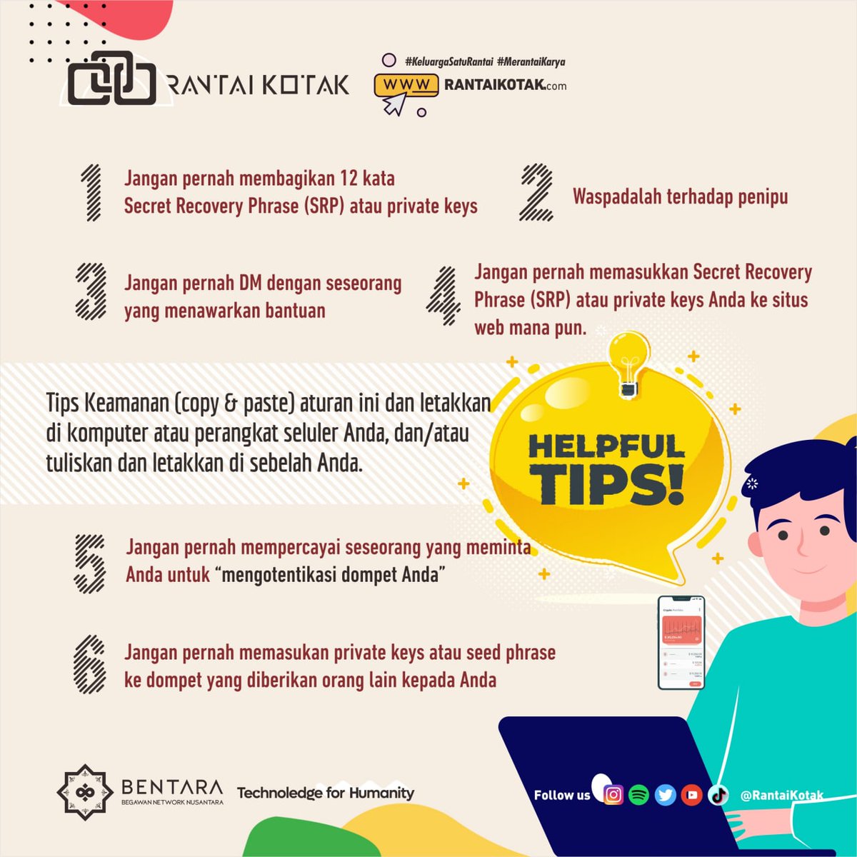 RantaiKotak's tweet photo. Helpful Tips! #KeluargaSatuRantai selalu berhati-hati yaa.

#Blockchain #Cryptocurrency #Tips https://t.co/wDEoPAIayy